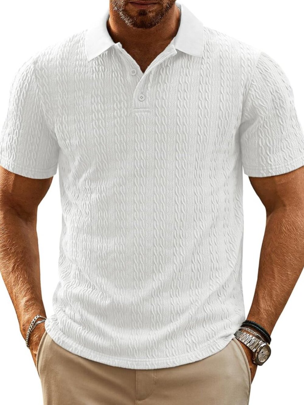 Men's White Polo Shirts Short Sleeve Casual Summer Golf Shirts Vacation Fit